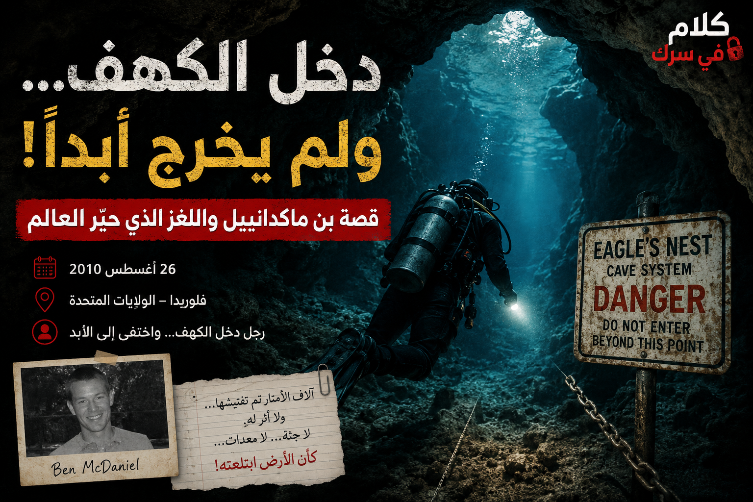 رسم تخيلي للغواص بن ماكدانييل داخل كهف Eagle's Nest في فلوريدا