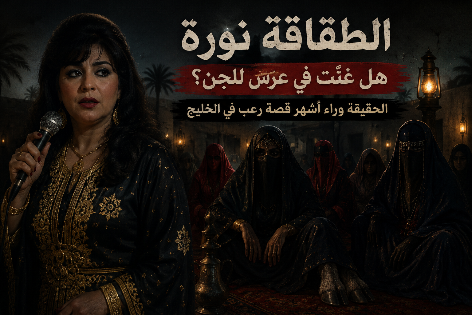 تصميم تخيلي يجسد قصة الطقاقة نورة كما تُروى في أسطورة عرس الجن، دون الإشارة إلى أنها واقعة حقيقية 