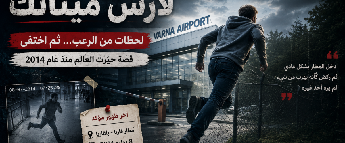 تصميم تخيلي يجسد لارس ميتانك وهو يهرب من مطار فارنا في بلغاريا قبل اختفائه الغامض عام 2014