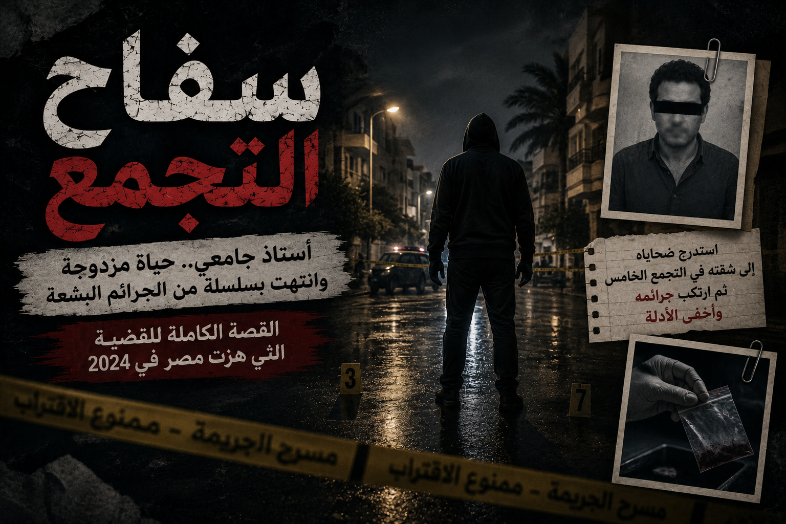 تصميم سينمائي يجسد قضية سفاح التجمع، مع شخص مجهول يقف في مسرح جريمة ليلي، في إشارة إلى واحدة من أشهر القضايا الجنائية التي شهدتها مصر عام 2024 