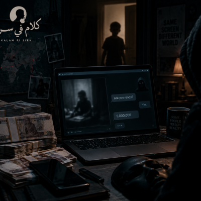 تصميم سينمائي لمقال عن جريمة طفل شبرا الخيمة وقضية الدارك ويب، يظهر حاسوبًا وأموالًا في أجواء مظلمة ترمز إلى الجريمة التي هزت الرأي العام في مصر.