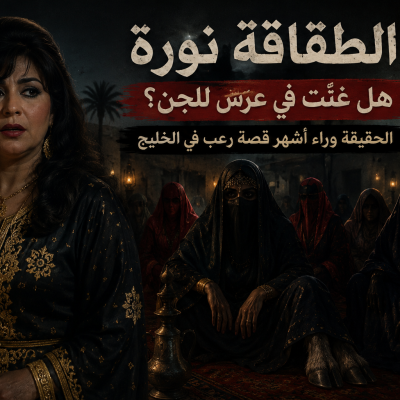 تصميم تخيلي يجسد قصة الطقاقة نورة كما تُروى في أسطورة عرس الجن، دون الإشارة إلى أنها واقعة حقيقية.