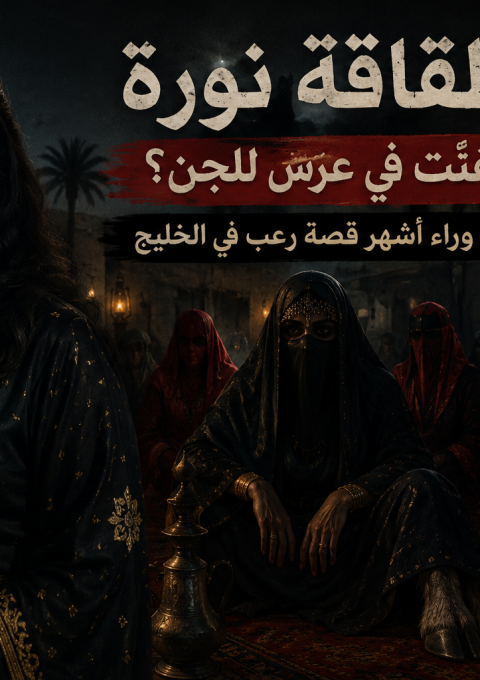 تصميم تخيلي يجسد قصة الطقاقة نورة كما تُروى في أسطورة عرس الجن، دون الإشارة إلى أنها واقعة حقيقية.