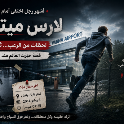 تصميم تخيلي يجسد لارس ميتانك وهو يهرب من مطار فارنا في بلغاريا قبل اختفائه الغامض عام 2014.